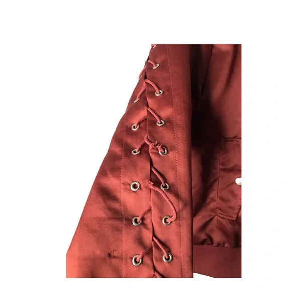 Forever 21 | Maroon satin bomber jacket lace up sleeves and back statement coat - Picture 11 of 11